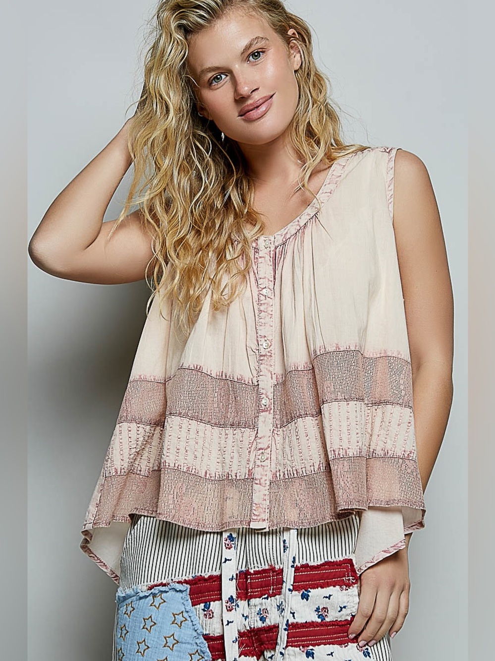 POL Sleeveless Pink Striped Gauze Button-Front Top